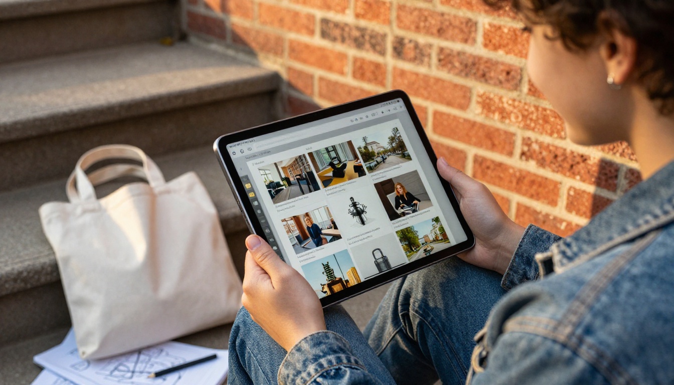Student holding a tablet with a digital portfolio on a campus stairway