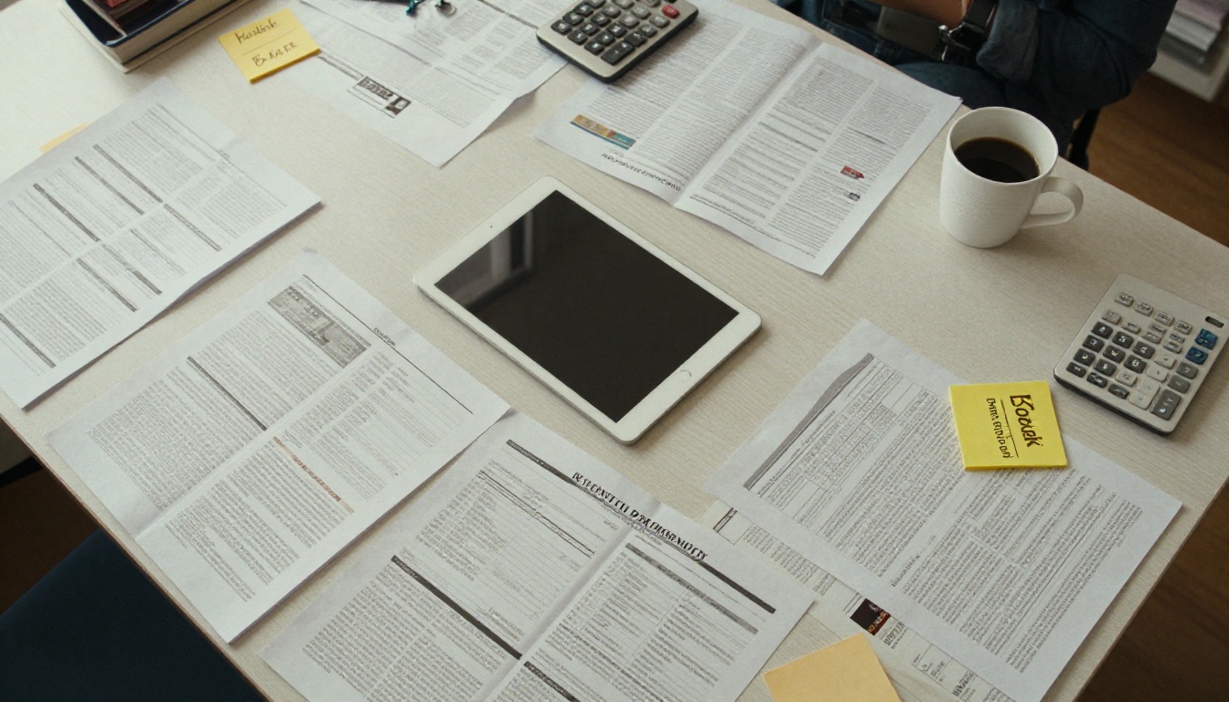 A large table with printed catalogs, a tablet, calculator and sticky notes for budget planning