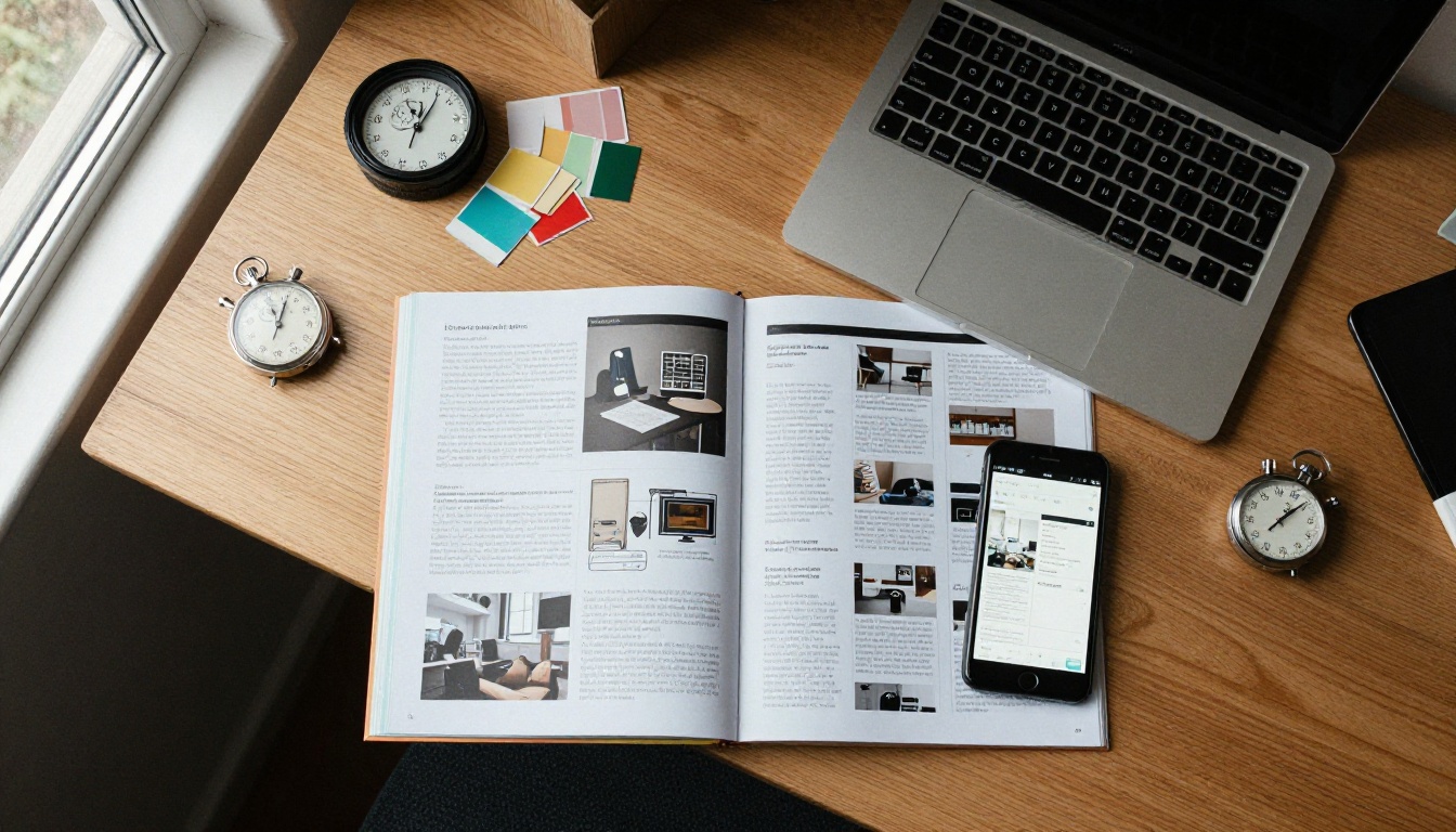 Aerial flat lay of a desk with a printed portfolio, a phone, and a laptop