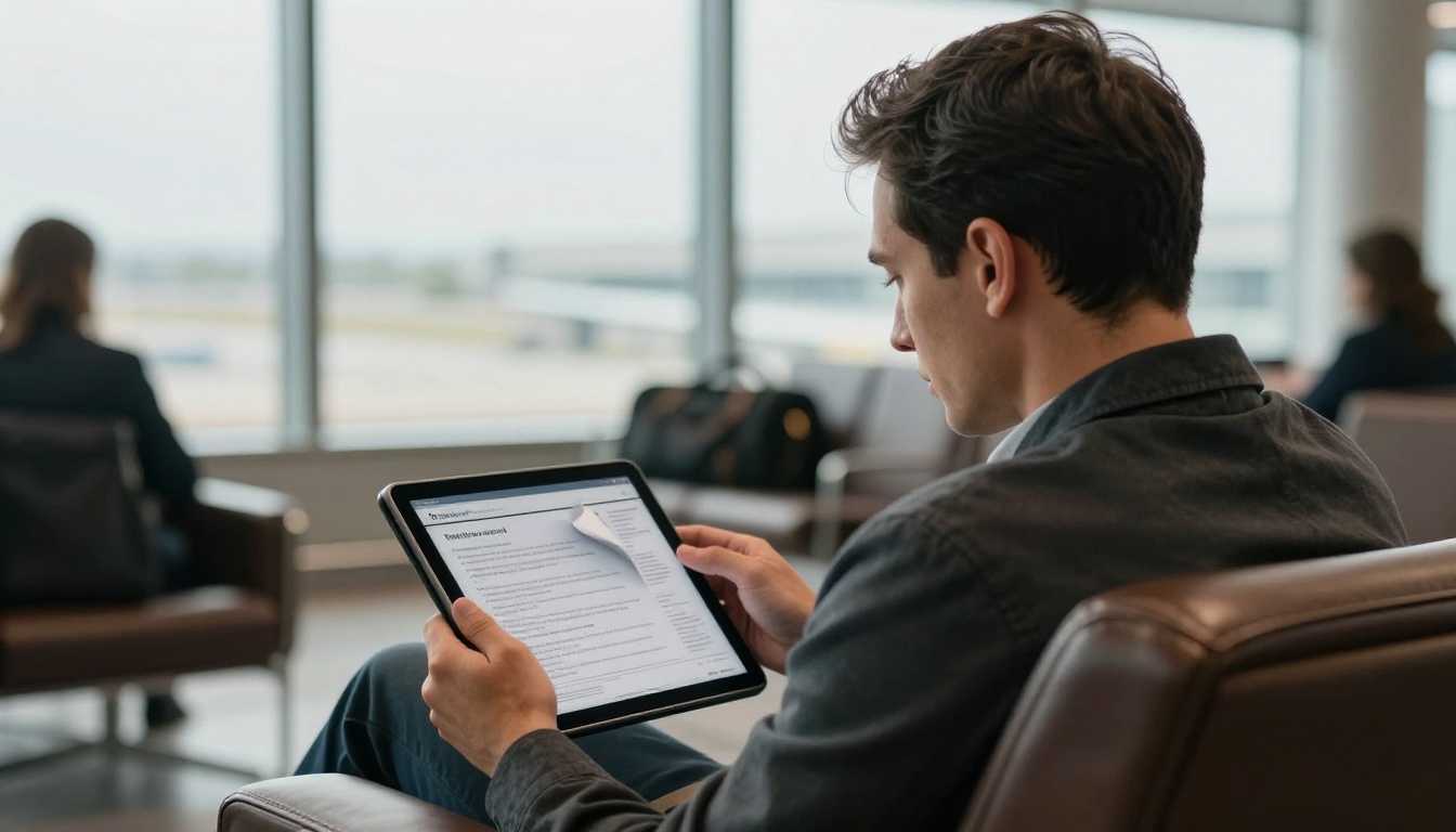 Investor reading a digital page-turning report on a tablet