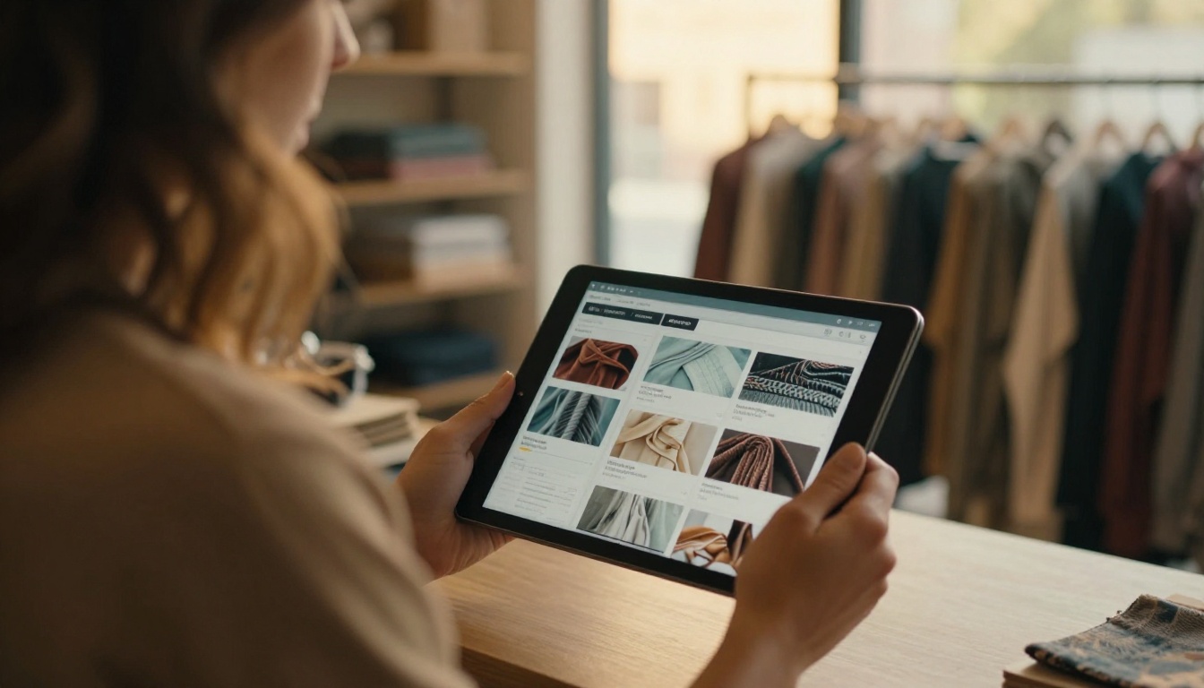 A woman in a boutique browsing a digital catalog on a tablet while holding a fabric swatch