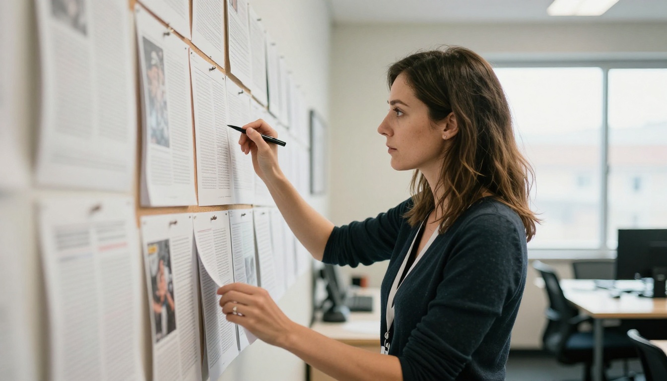 Magazine editor reviewing printed proofs on a newsroom wall Magazine editor reviewing printed proofs on a newsroom wall