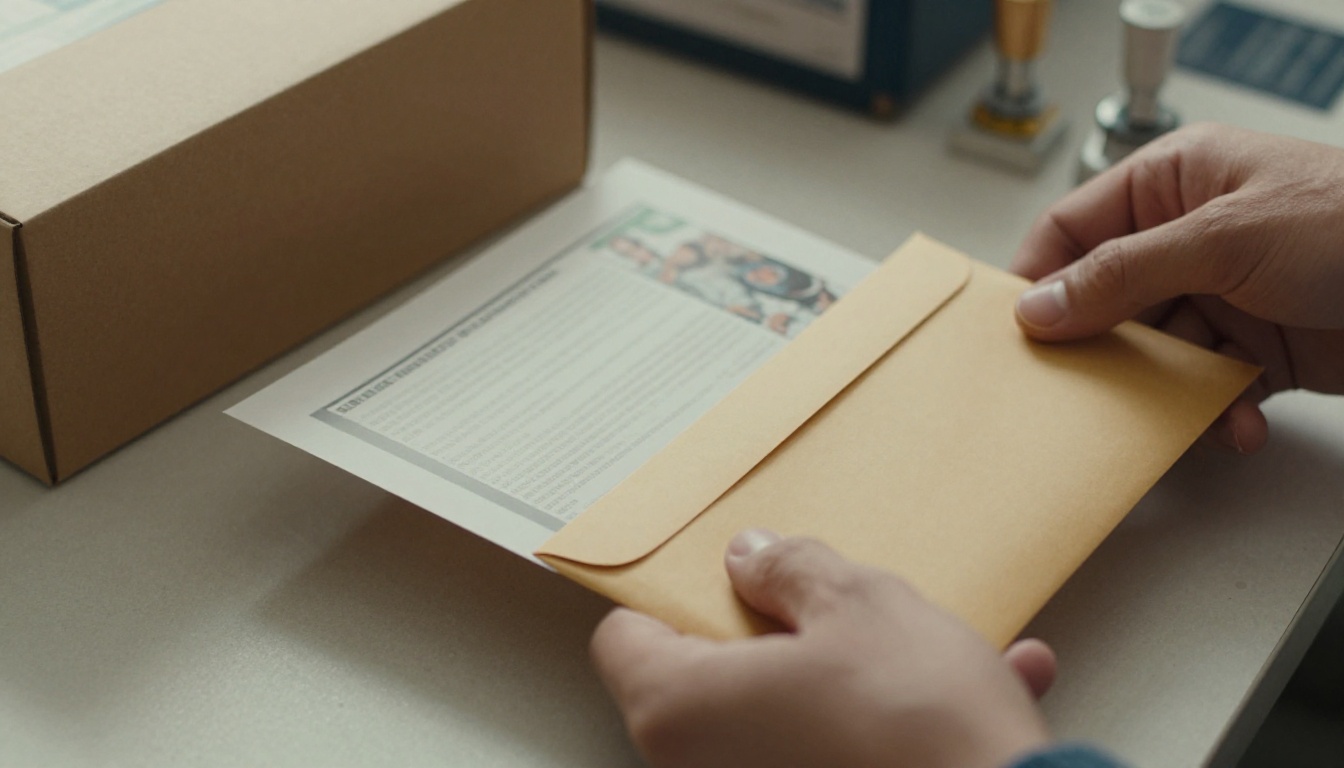 A catalog being slid into a mailing envelope on a packing table