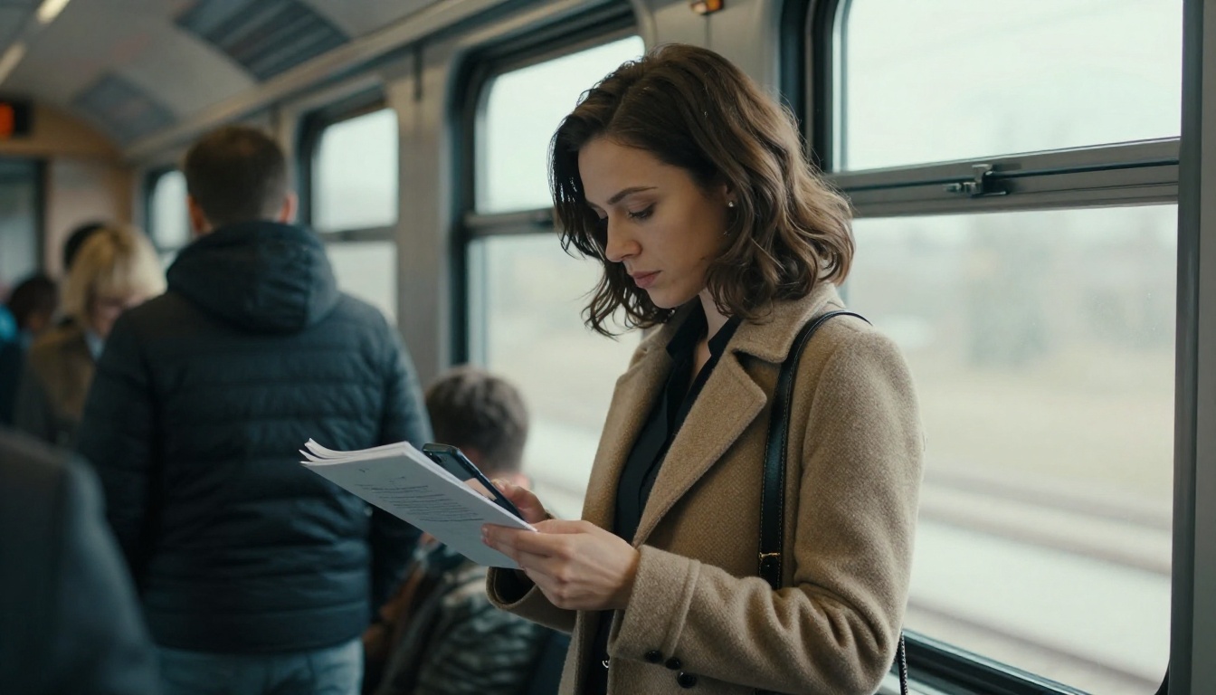 Recruiter reading a portfolio on a smartphone during a train ride