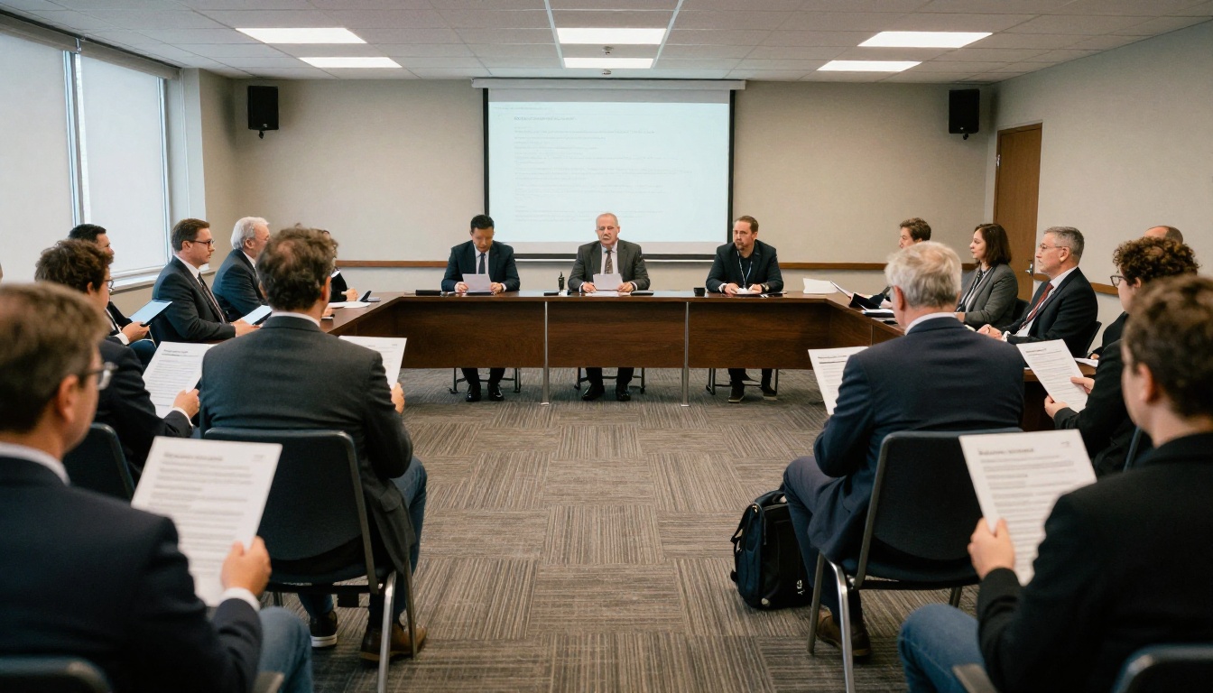 Shareholder meeting room with attendees holding reports and tablets