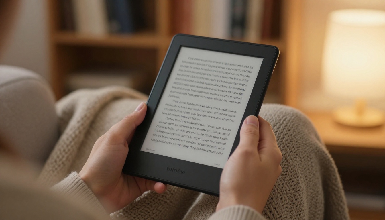 Hands holding a Kindle e-reader with a novel on screen in a cozy armchair Hands holding a Kindle e-reader with a novel on screen in a cozy armchair