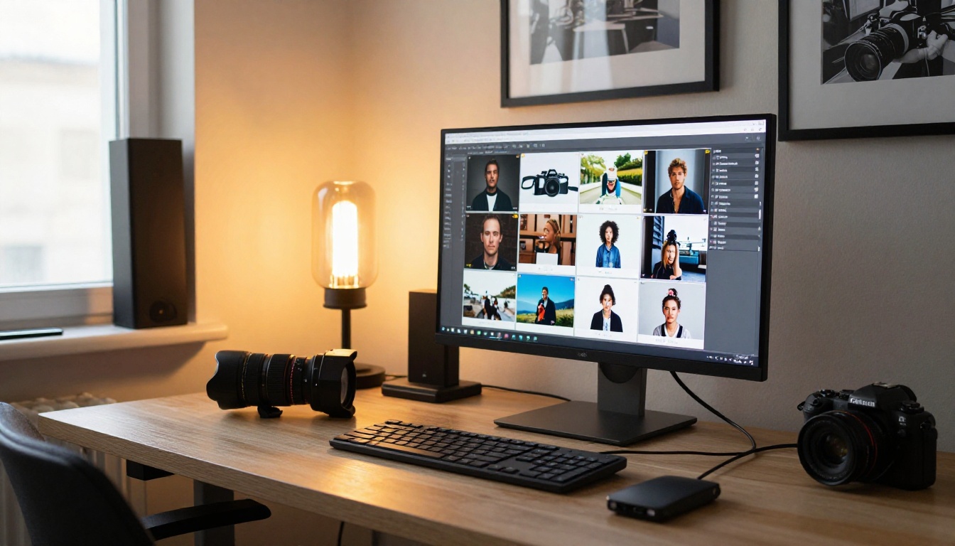 Designer assembling a portfolio on a large monitor at a standing desk