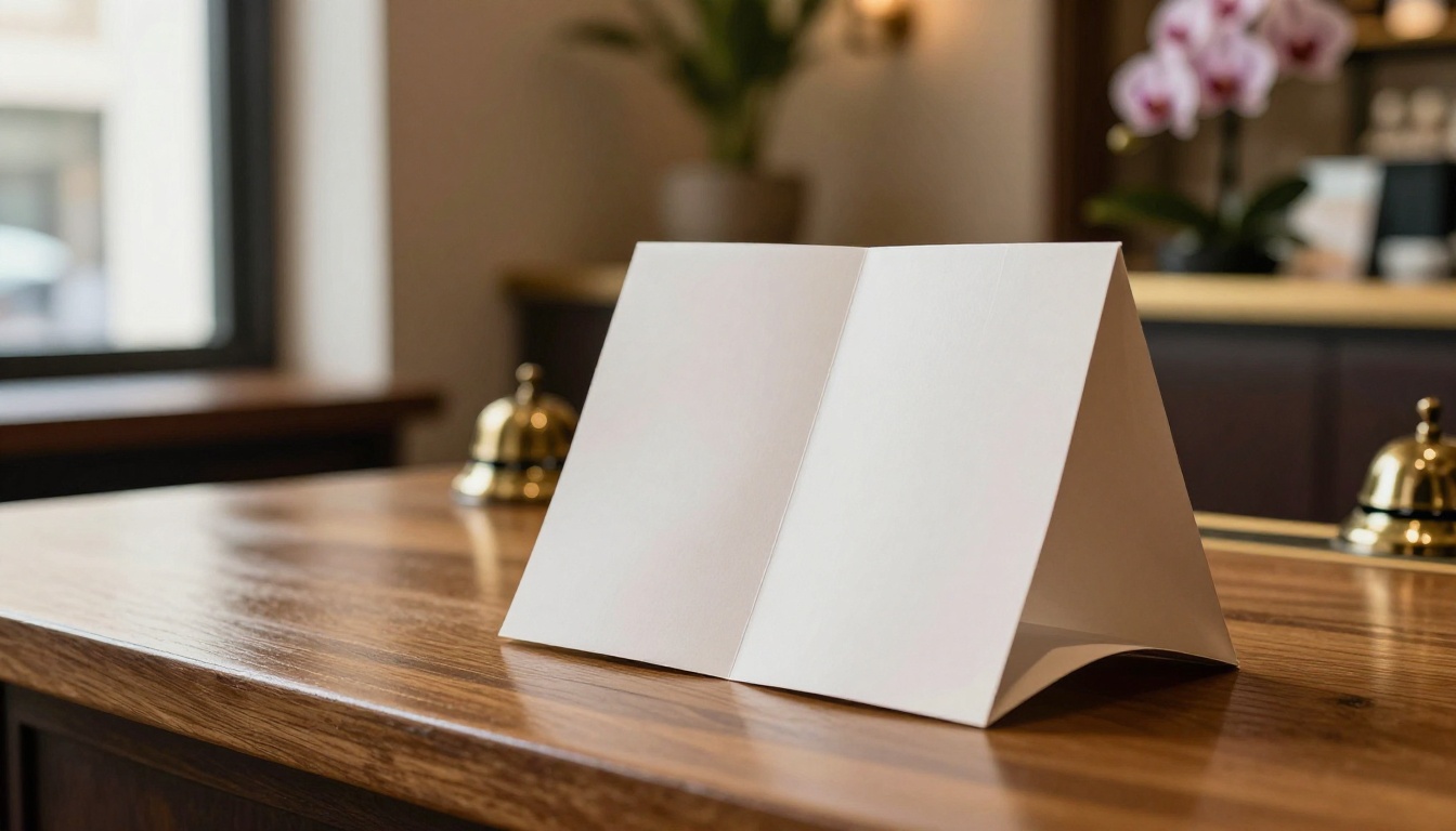 Tri-fold brochure standing open on a hotel reception desk Tri-fold brochure standing open on a hotel reception desk