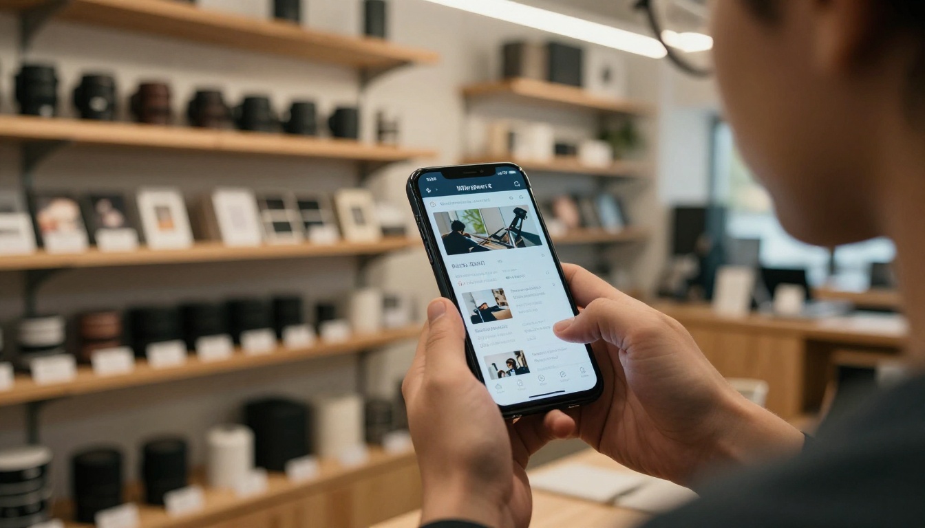 A small business owner holding a smartphone displaying a digital flipbook catalog in a workshop showroom