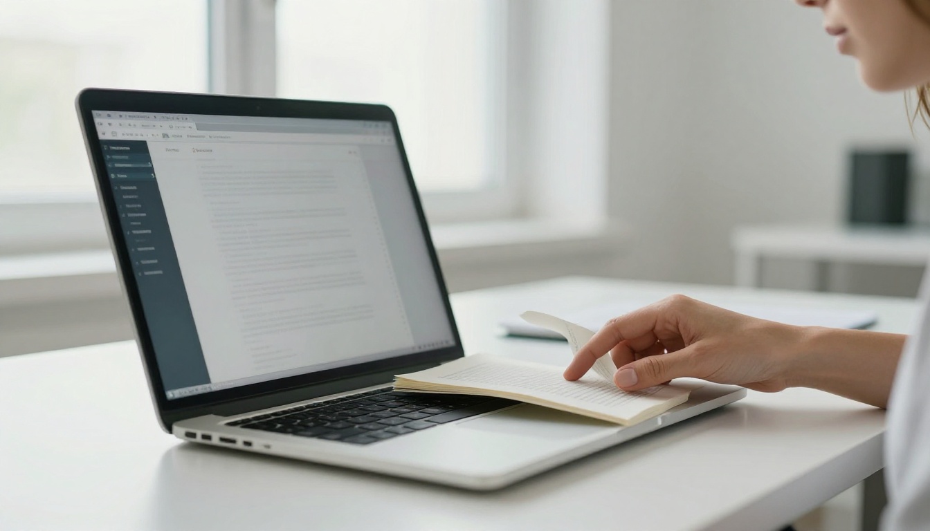 Laptop on a white desk displaying an open online flipbook with a page curl Laptop on a white desk displaying an open online flipbook with a page curl