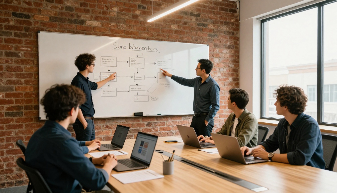 Developers planning an app store submission on a whiteboard Developers planning an app store submission on a whiteboard