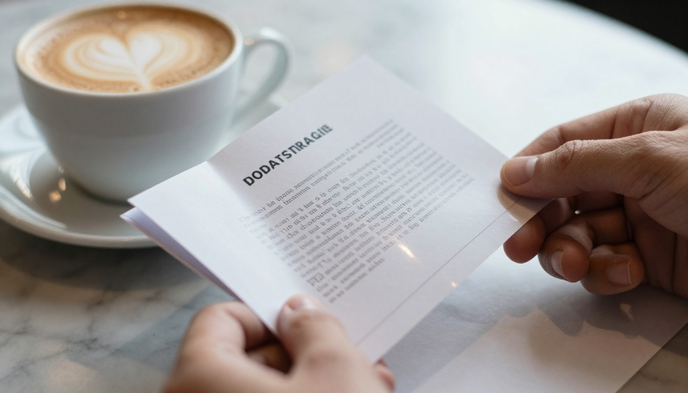 Hands flipping through a printed portfolio booklet beside a latte