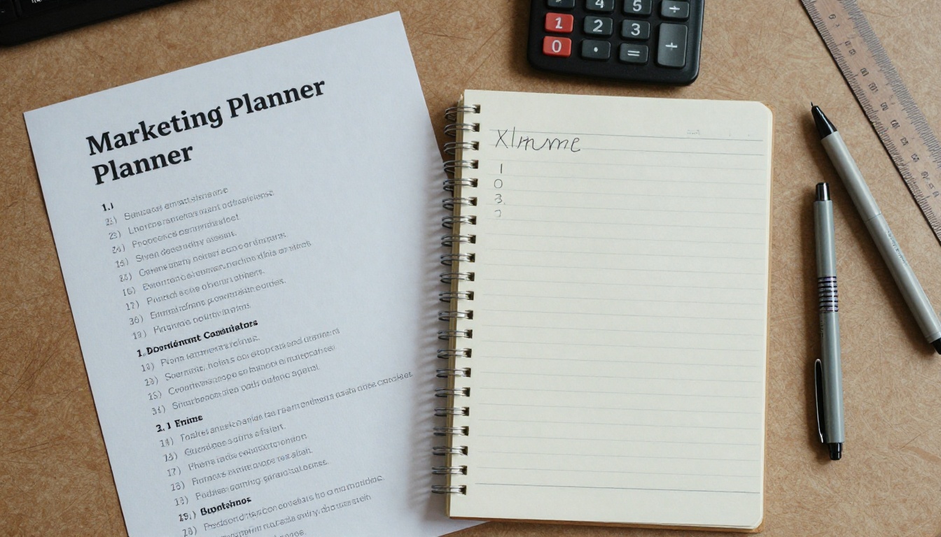 Aerial view of a planner desk with a flyer and a brochure side by side Aerial view of a planner desk with a flyer and a brochure side by side