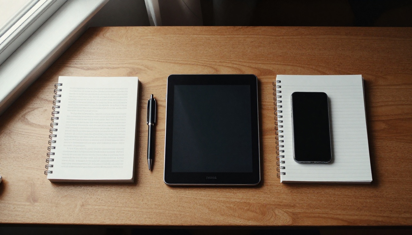 Top-down view of a Kindle, tablet, smartphone and printed book in a neat row on a desk Top-down view of a Kindle, tablet, smartphone and printed book in a neat row on a desk