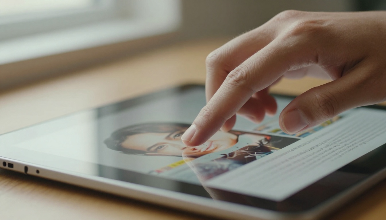 A hand turning a digital magazine page on a tablet A hand turning a digital magazine page on a tablet