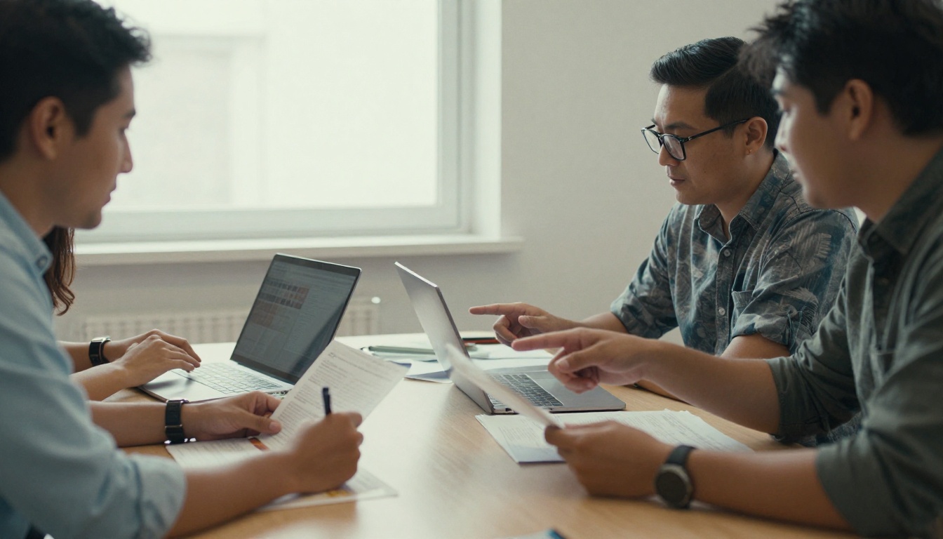 Two colleagues at a meeting table, one annotating a printed catalog and the other pointing at a laptop