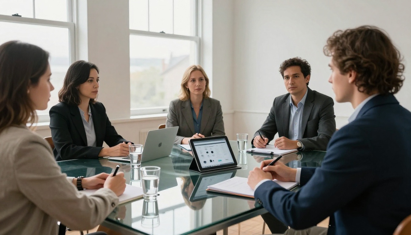 Job candidate presenting a tablet portfolio to two interviewers