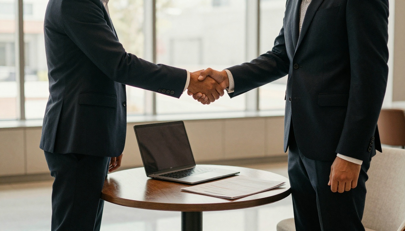 Two colleagues shaking hands over a laptop and printed report