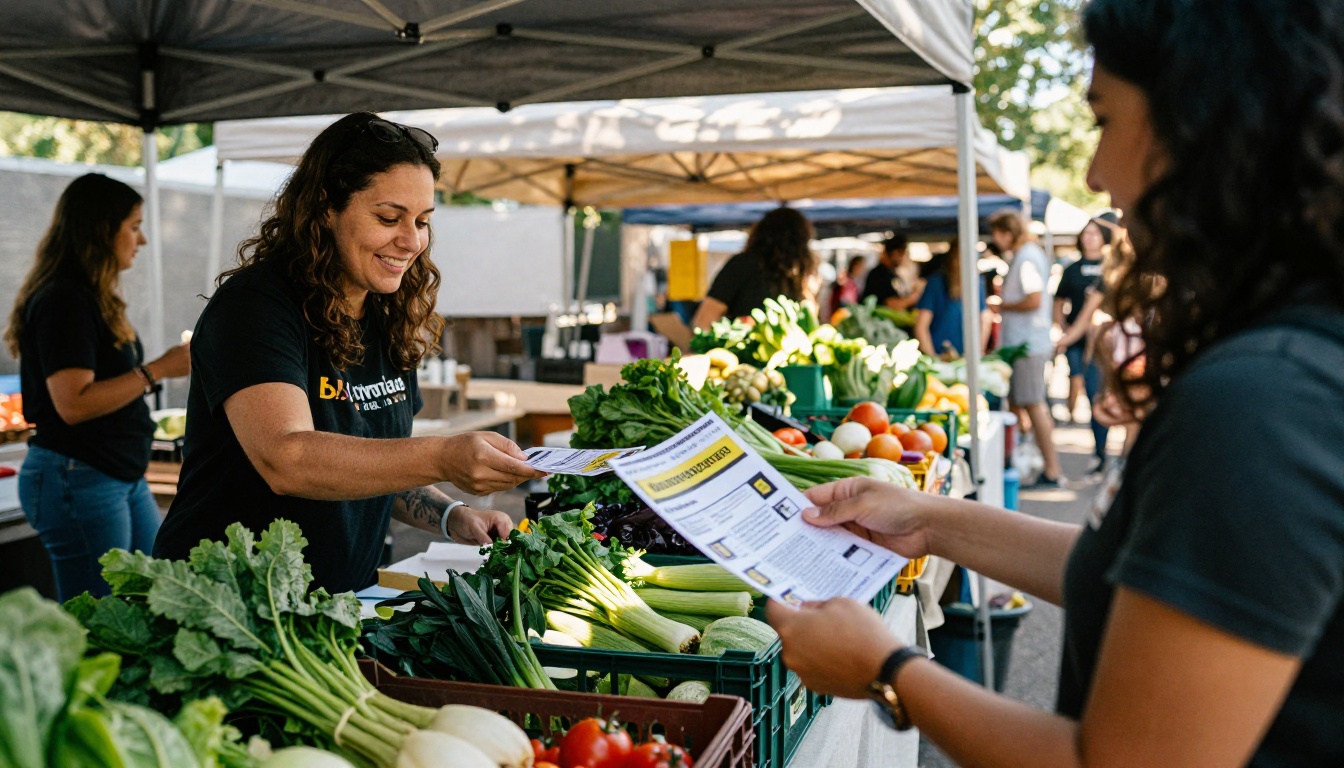 Volunteer handing flyers at an outdoor farmers market Volunteer handing flyers at an outdoor farmers market