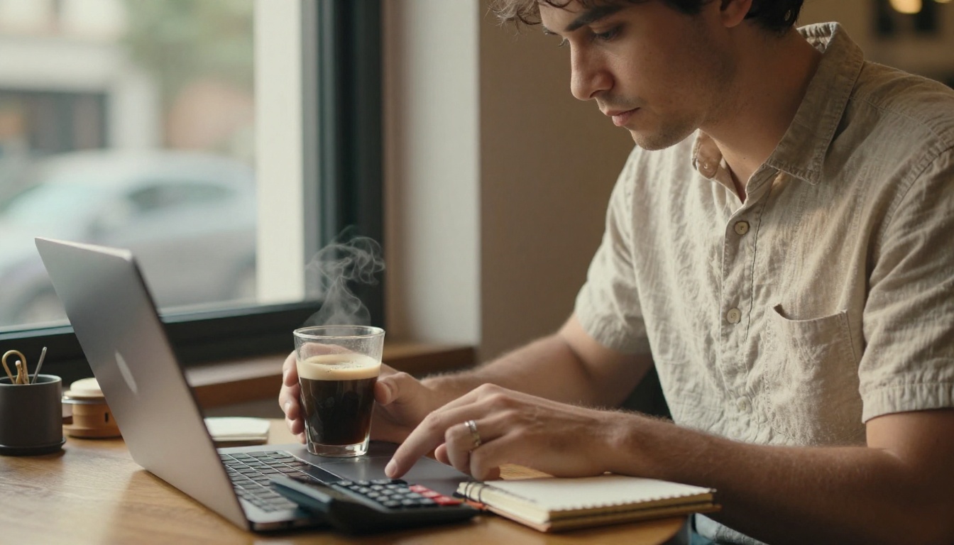 Male author reviewing royalty numbers on a laptop with a calculator at a coffee shop table Male author reviewing royalty numbers on a laptop with a calculator at a coffee shop table