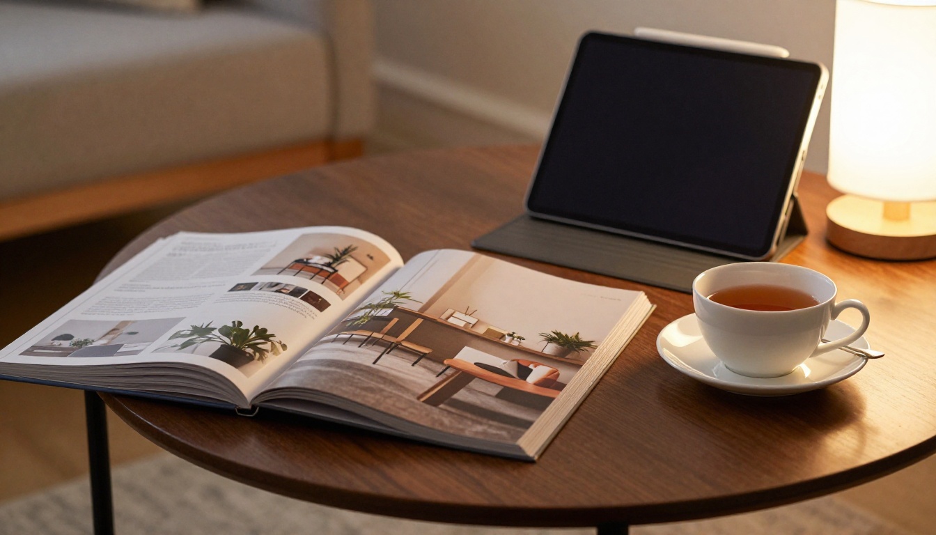 A printed home decor catalog next to a tablet and a cup of tea on a coffee table