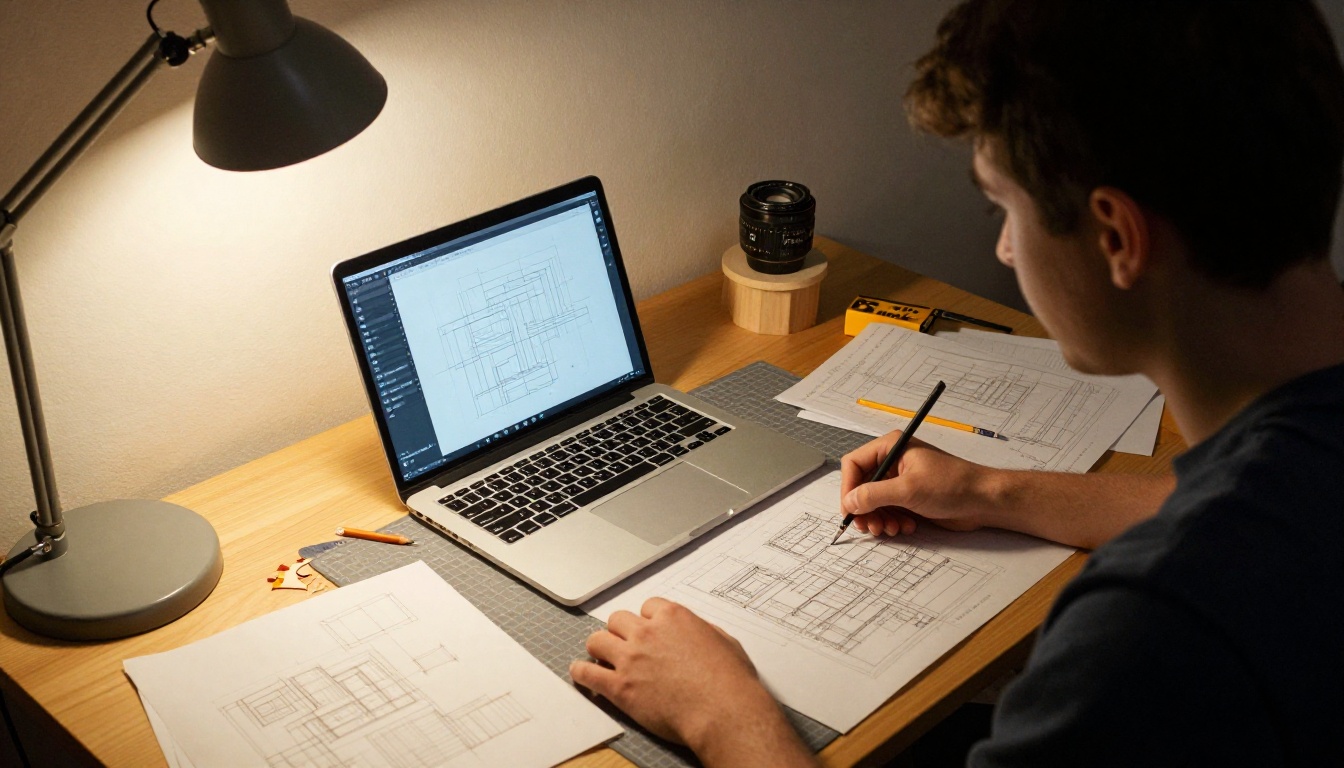 Architecture student at a drafting desk reviewing a digital portfolio