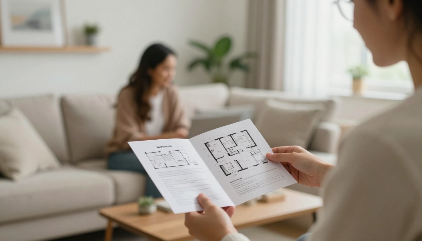 Real estate agent showing a folded brochure to a couple Real estate agent showing a folded brochure to a couple