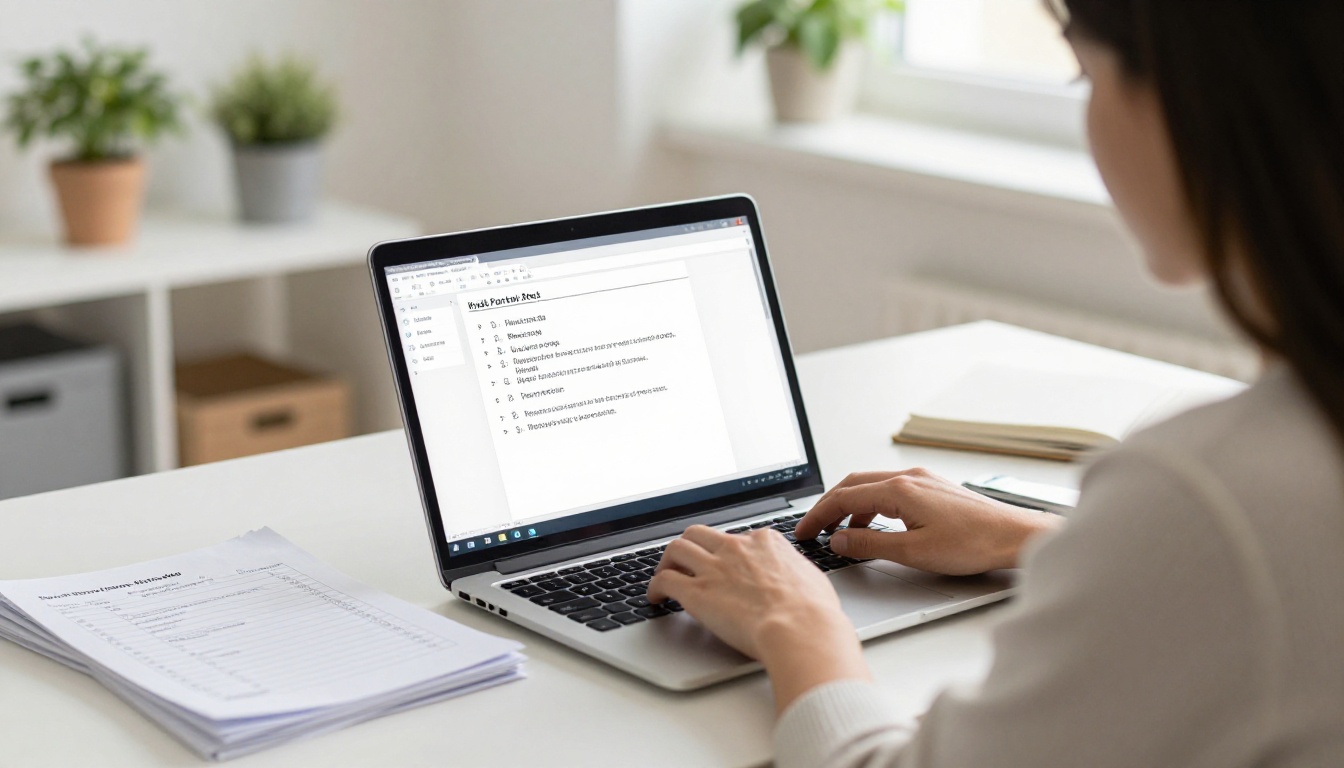 Woman uploading a PDF to a flipbook platform on a laptop with printed pages beside her Woman uploading a PDF to a flipbook platform on a laptop with printed pages beside her