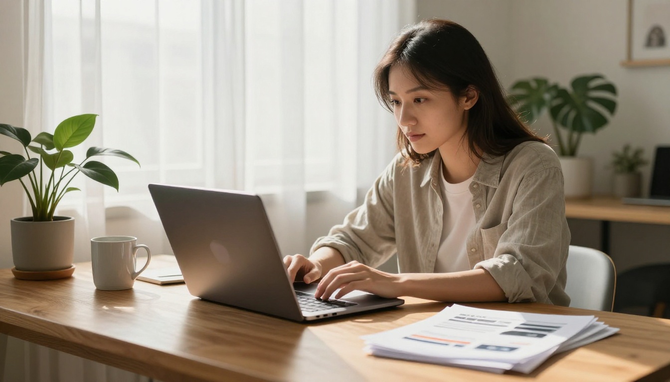 Freelancer sending a portfolio link by email at a sunlit home office