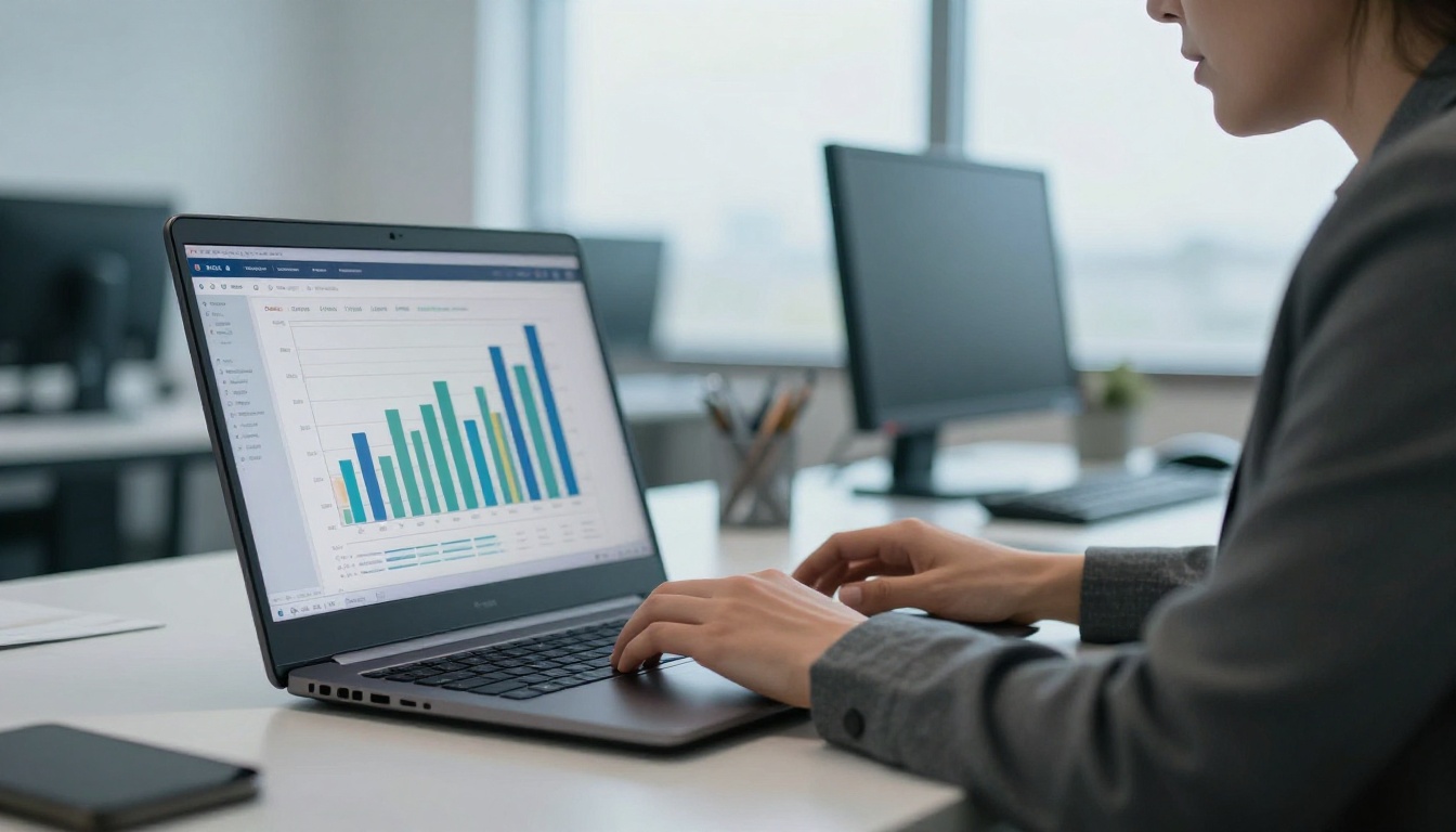 Marketing manager reviewing reader statistics on a laptop Marketing manager reviewing reader statistics on a laptop