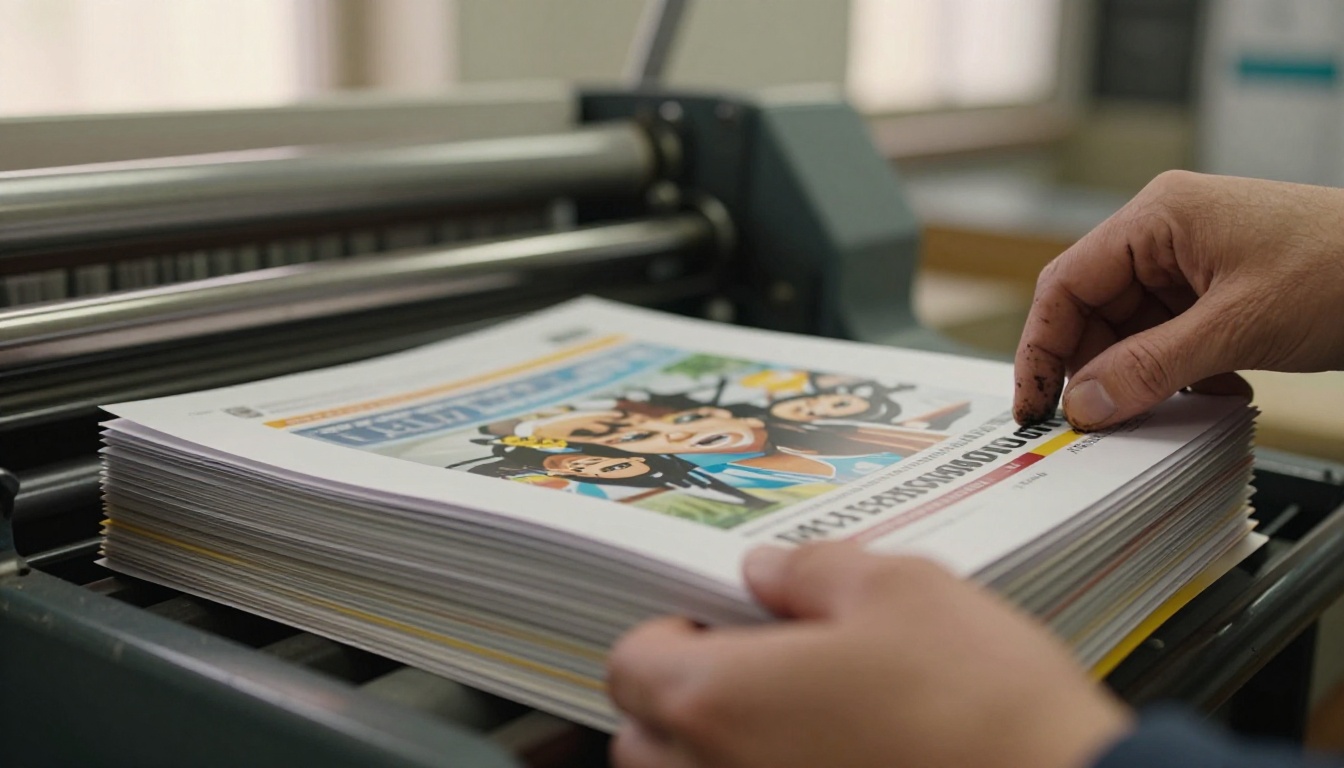 Print shop worker checking freshly printed flyers Print shop worker checking freshly printed flyers