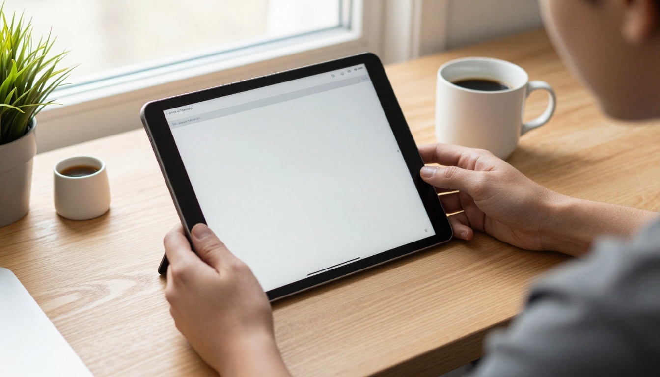 Business owner reading a digital brochure on a tablet Business owner reading a digital brochure on a tablet