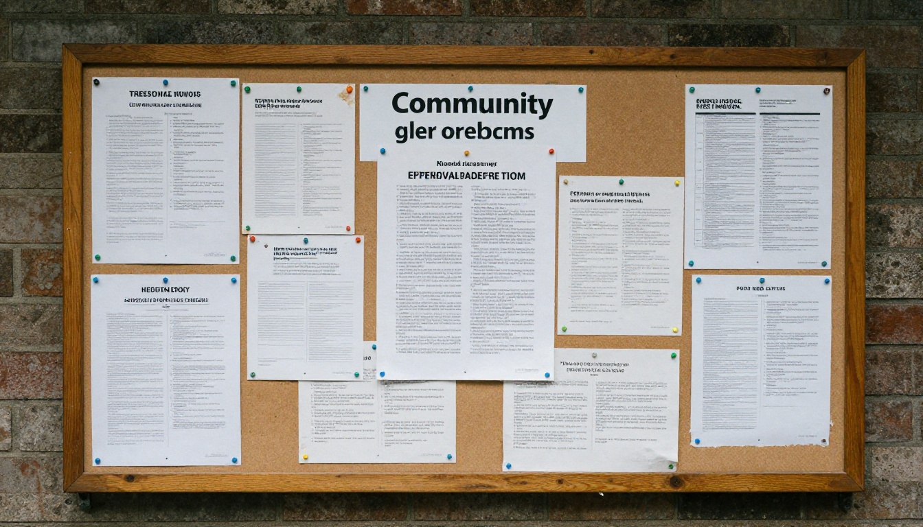 Community notice board packed with paper flyers Community notice board packed with paper flyers