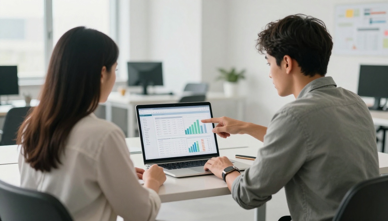 Two colleagues at a standing desk looking at reader statistics on a laptop Two colleagues at a standing desk looking at reader statistics on a laptop