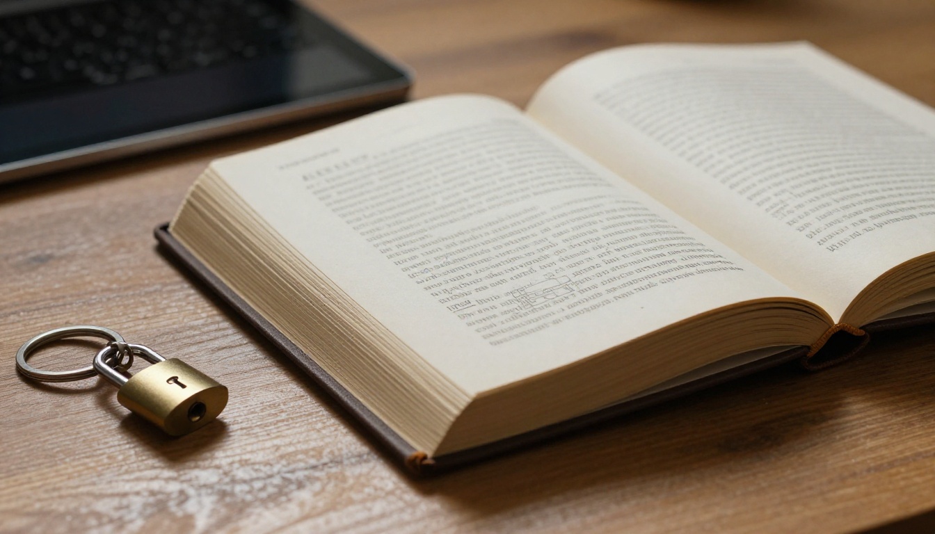 Hardcover book open beside a tablet showing the same book, with a small padlock keychain Hardcover book open beside a tablet showing the same book, with a small padlock keychain