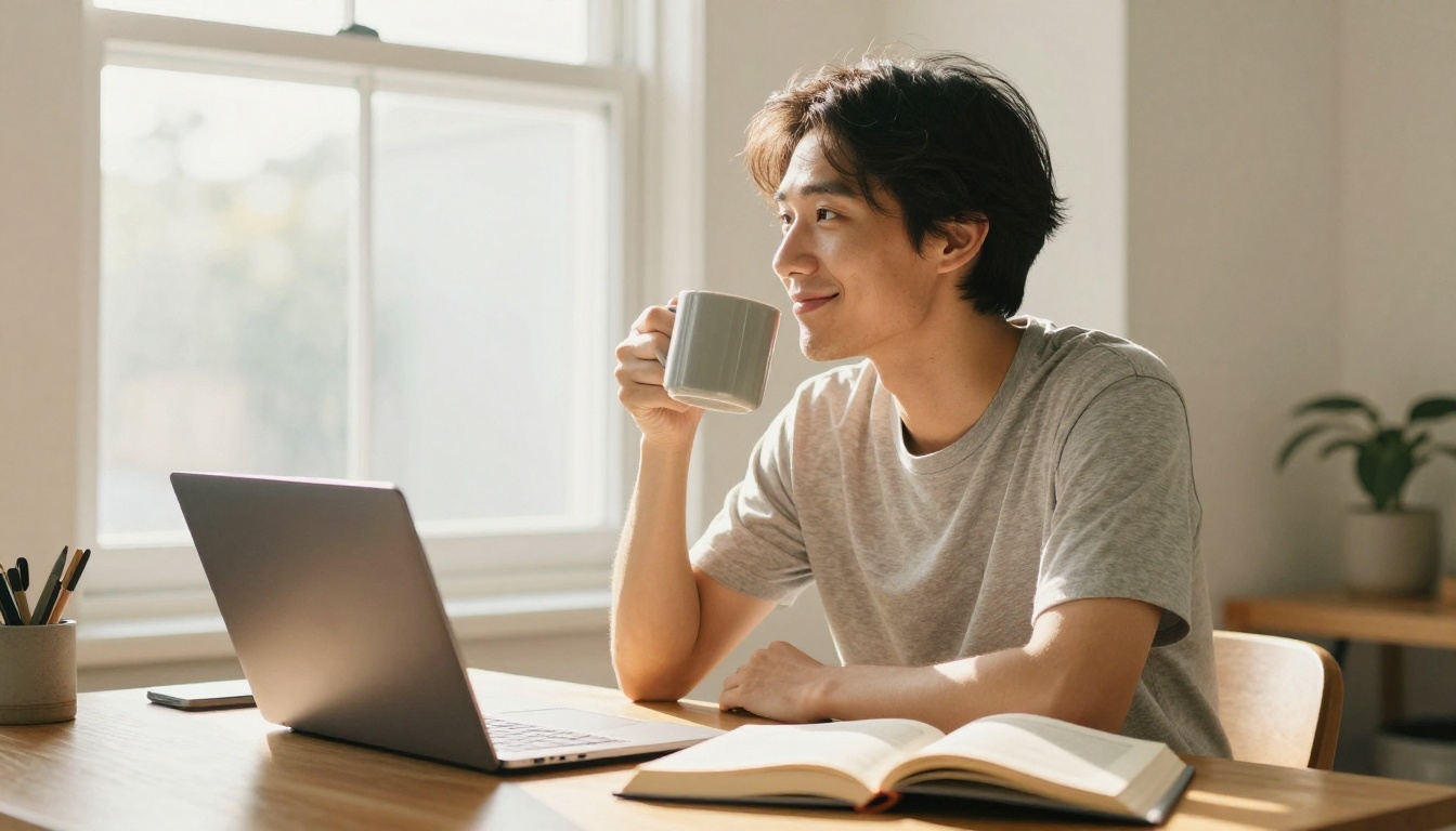 Smiling author at a sunlit table with a laptop and printed book Smiling author at a sunlit table with a laptop and printed book