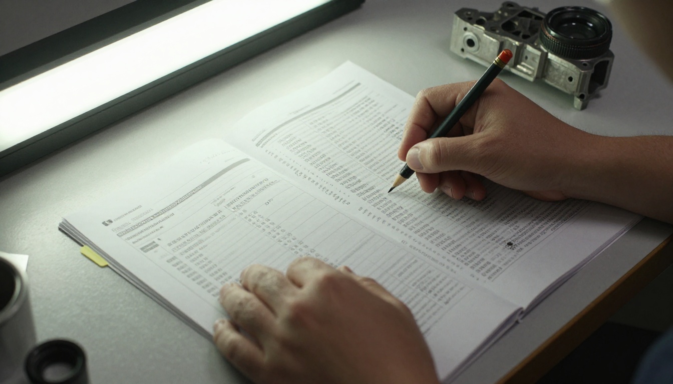 Technician in a gray jacket holding a tablet beside a printed parts stack Technician in a gray jacket holding a tablet beside a printed parts stack