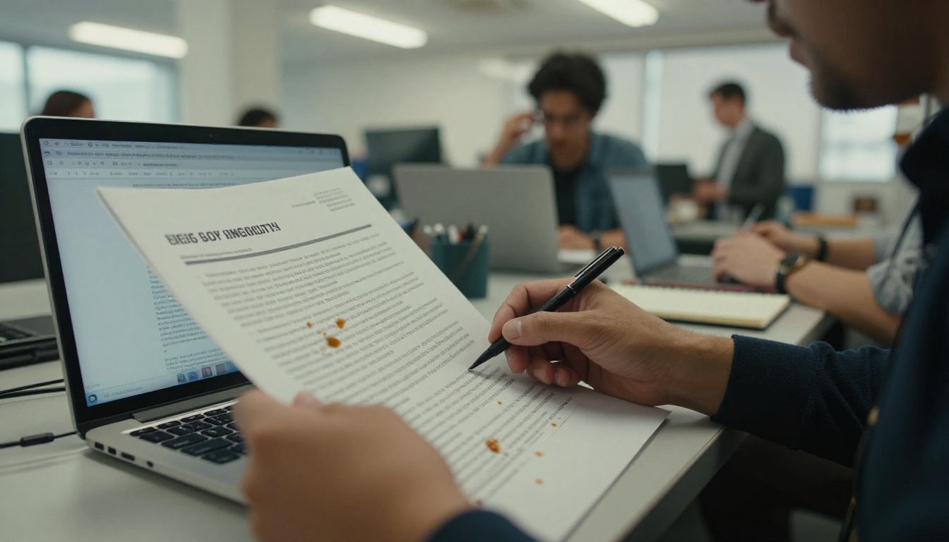 A journalist reading a press release at a newsroom desk