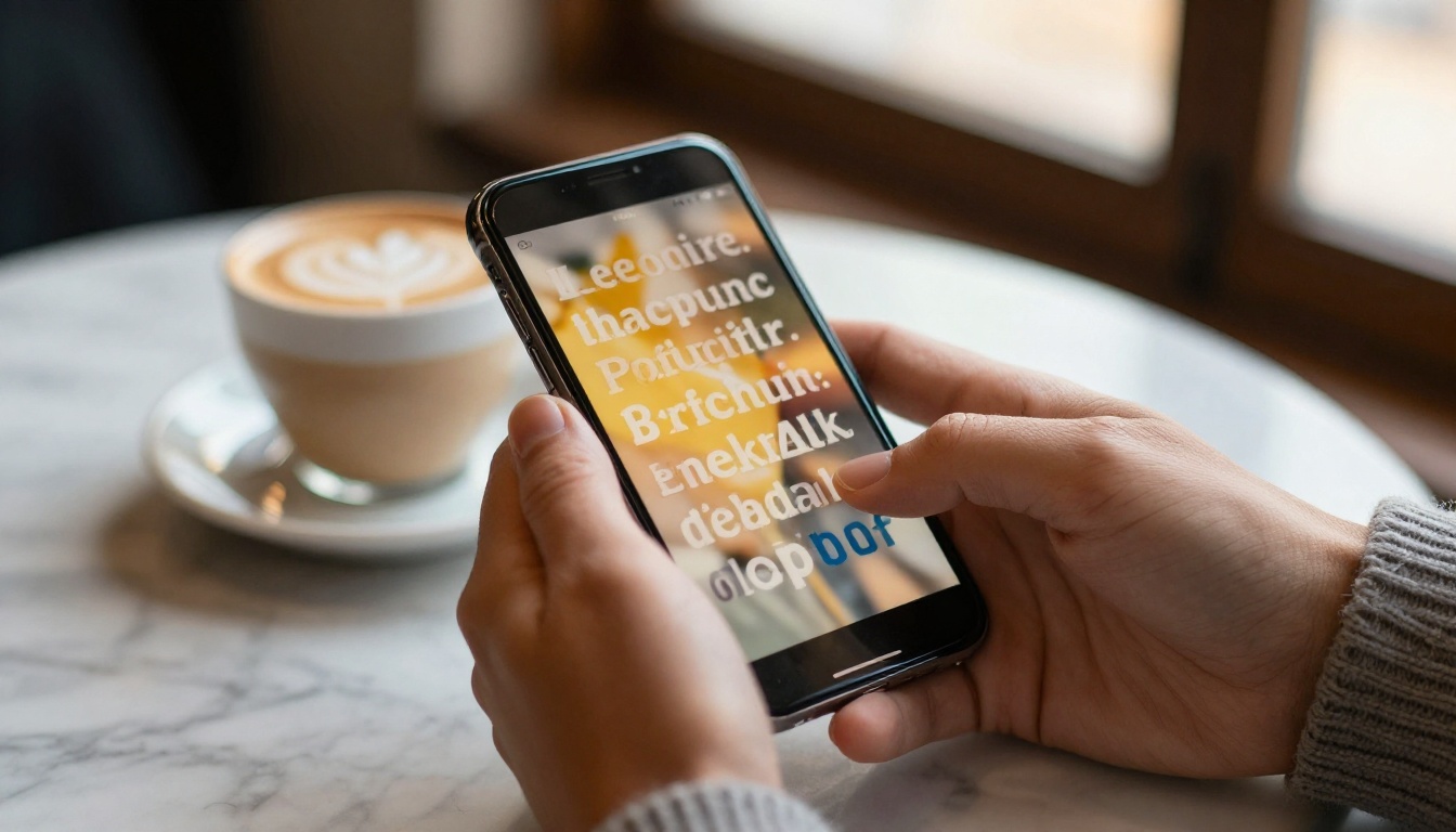 Hands holding a phone with resizable ebook text in a sunlit cafe