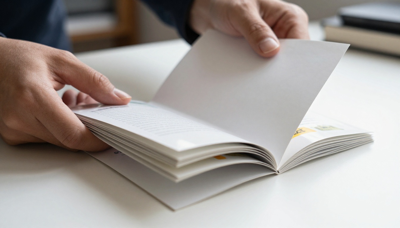 Hands folding a glossy tri-fold brochure on a white desk Hands folding a glossy tri-fold brochure on a white desk