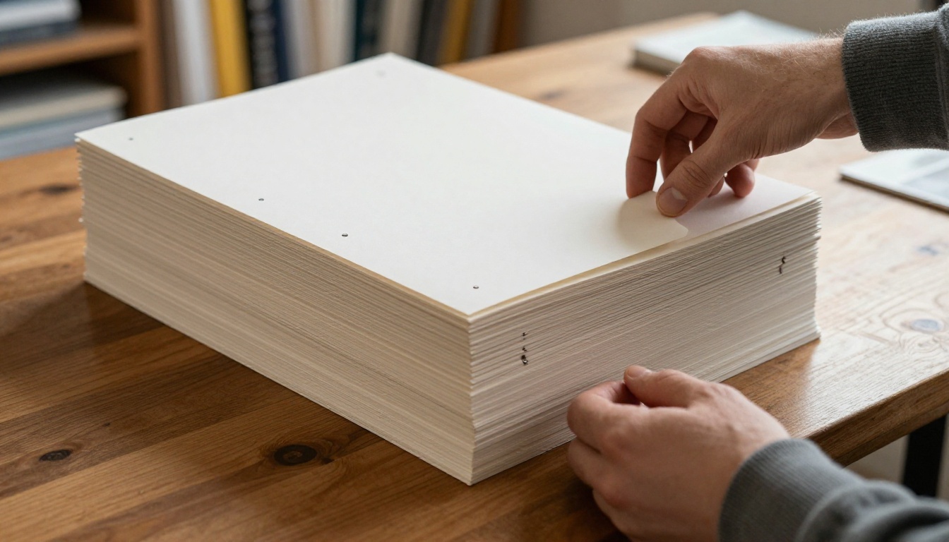 Stack of saddle-stitched booklets on a wooden table Stack of saddle-stitched booklets on a wooden table