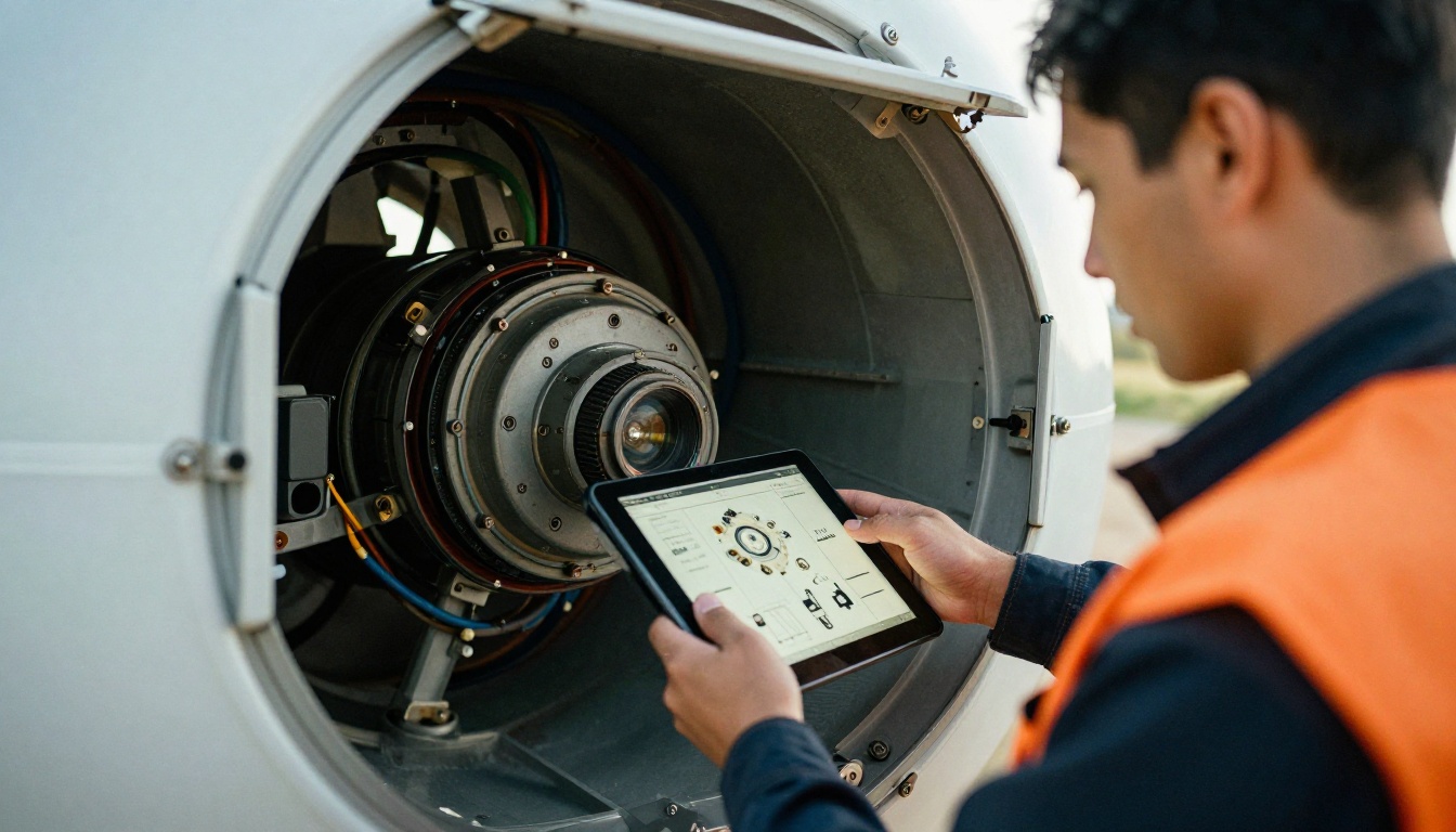 Technician using a tablet inside a wind turbine nacelle Technician using a tablet inside a wind turbine nacelle