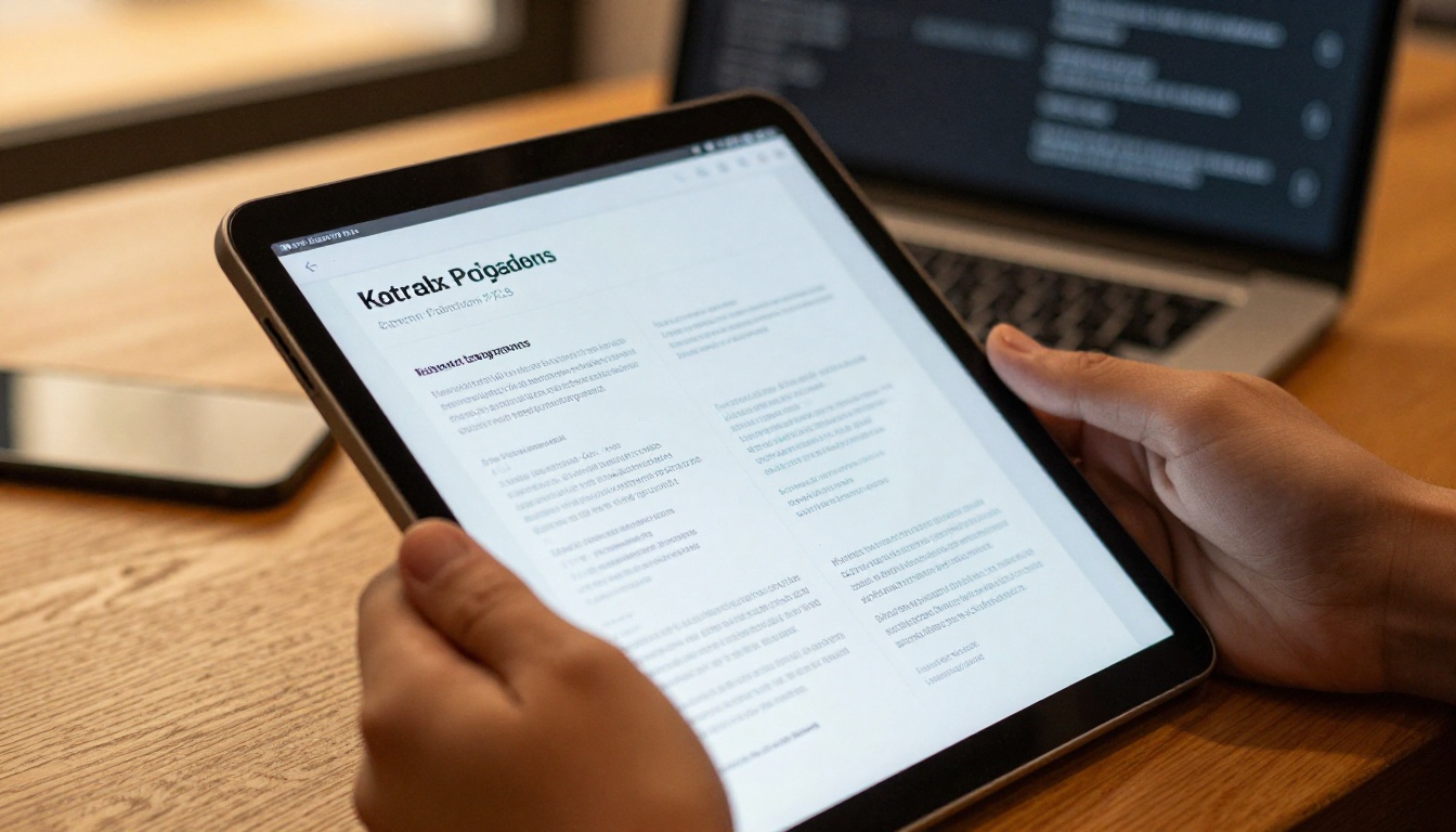 Hands holding a tablet showing a digital page-turning document