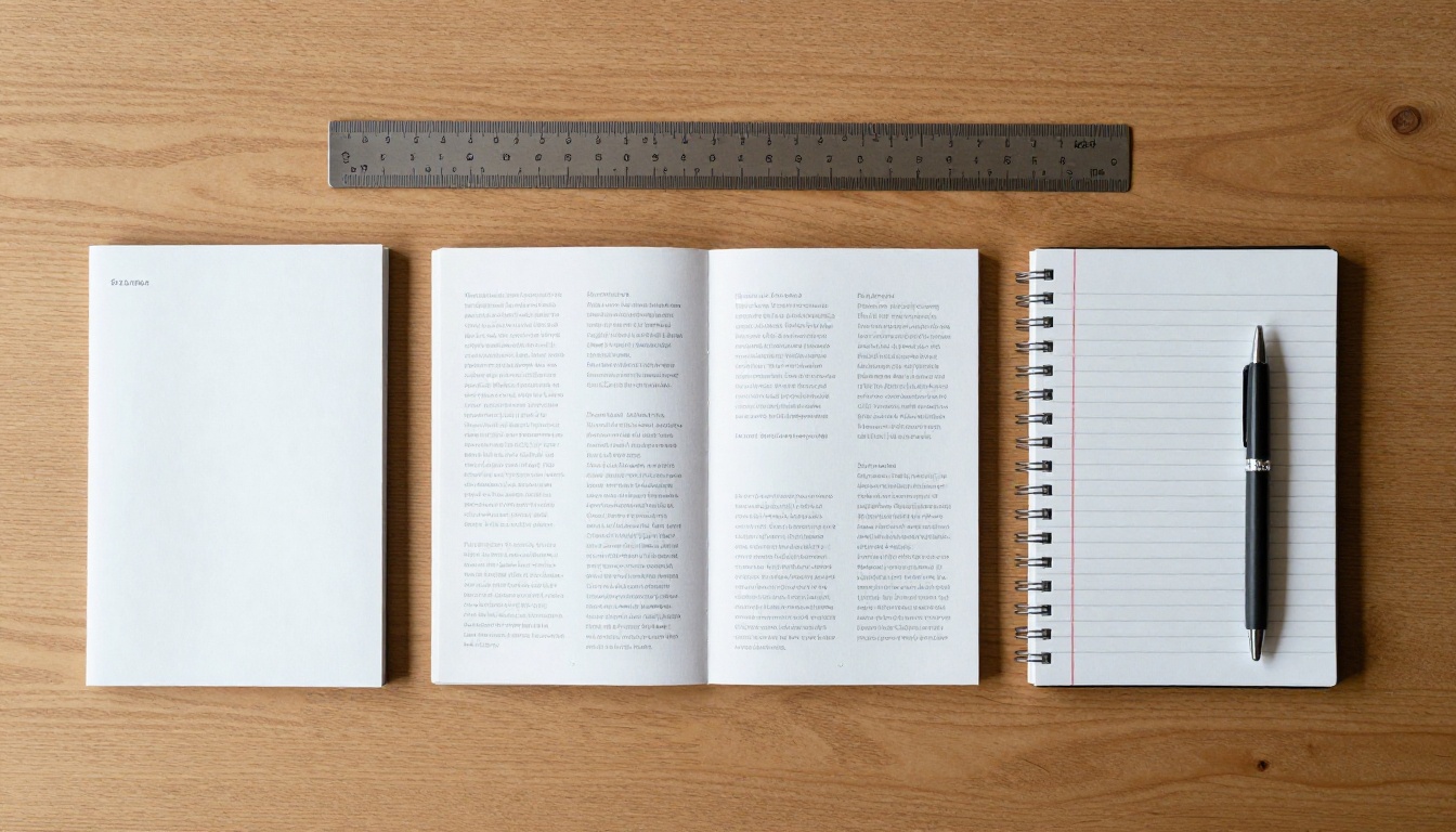 Side by side top-down view of a brochure and a booklet on a desk Side by side top-down view of a brochure and a booklet on a desk