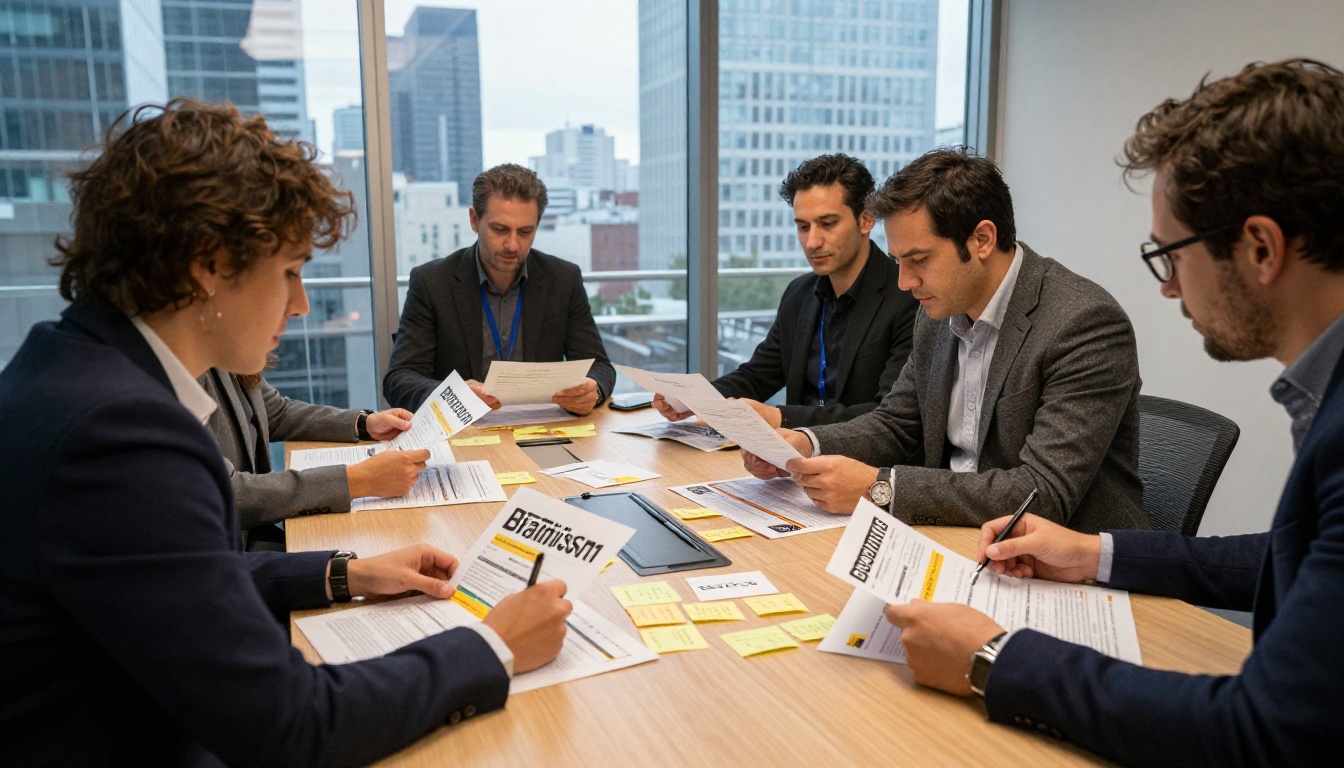 A marketing team reviewing printed brand pages