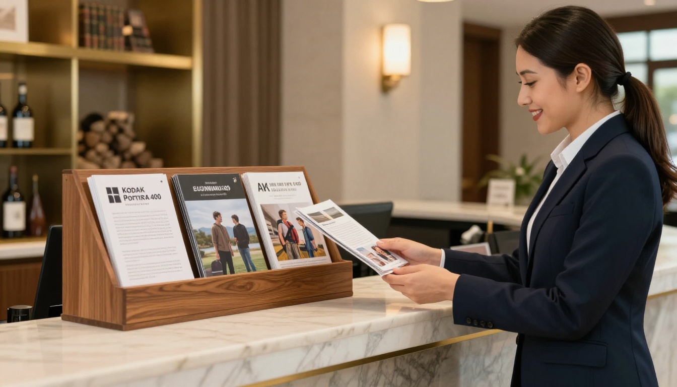 Hotel reception counter with a rack of tri-fold brochures Hotel reception counter with a rack of tri-fold brochures