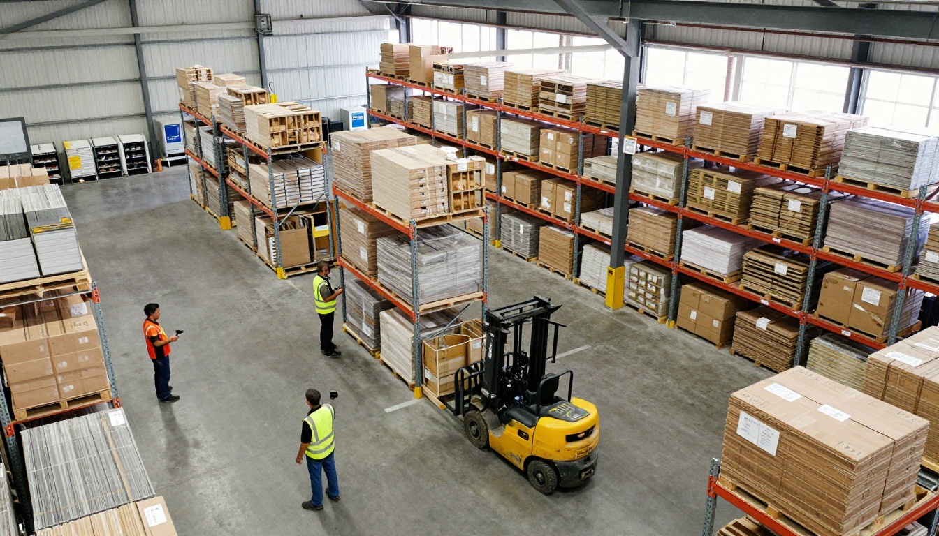 Maintenance team scanning bins in a large parts warehouse Maintenance team scanning bins in a large parts warehouse