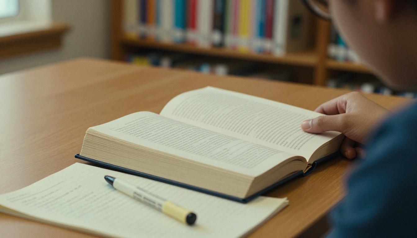 Student reading a thick booklet at a library table Student reading a thick booklet at a library table