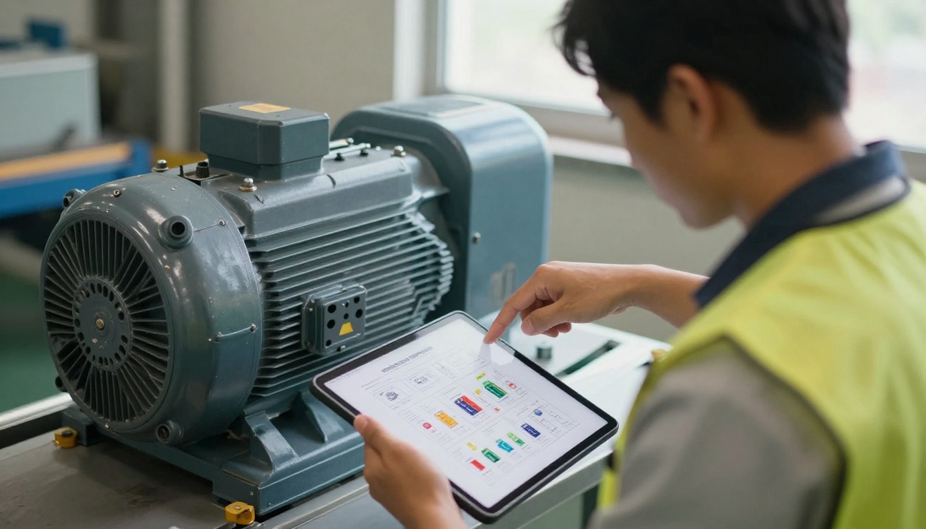 Engineer pointing at a hotspot on a tablet next to a conveyor motor Engineer pointing at a hotspot on a tablet next to a conveyor motor