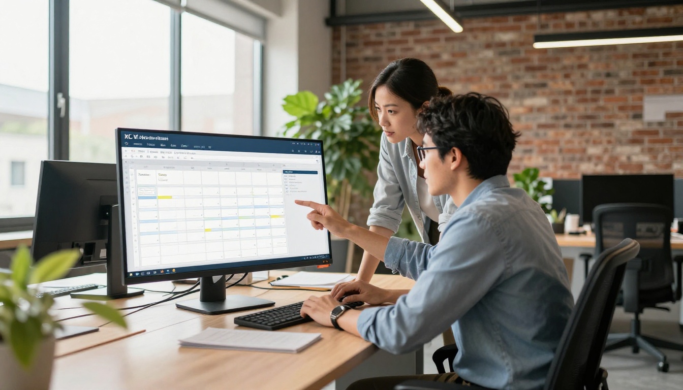 Two colleagues reviewing a content calendar on a monitor Two colleagues reviewing a content calendar on a monitor